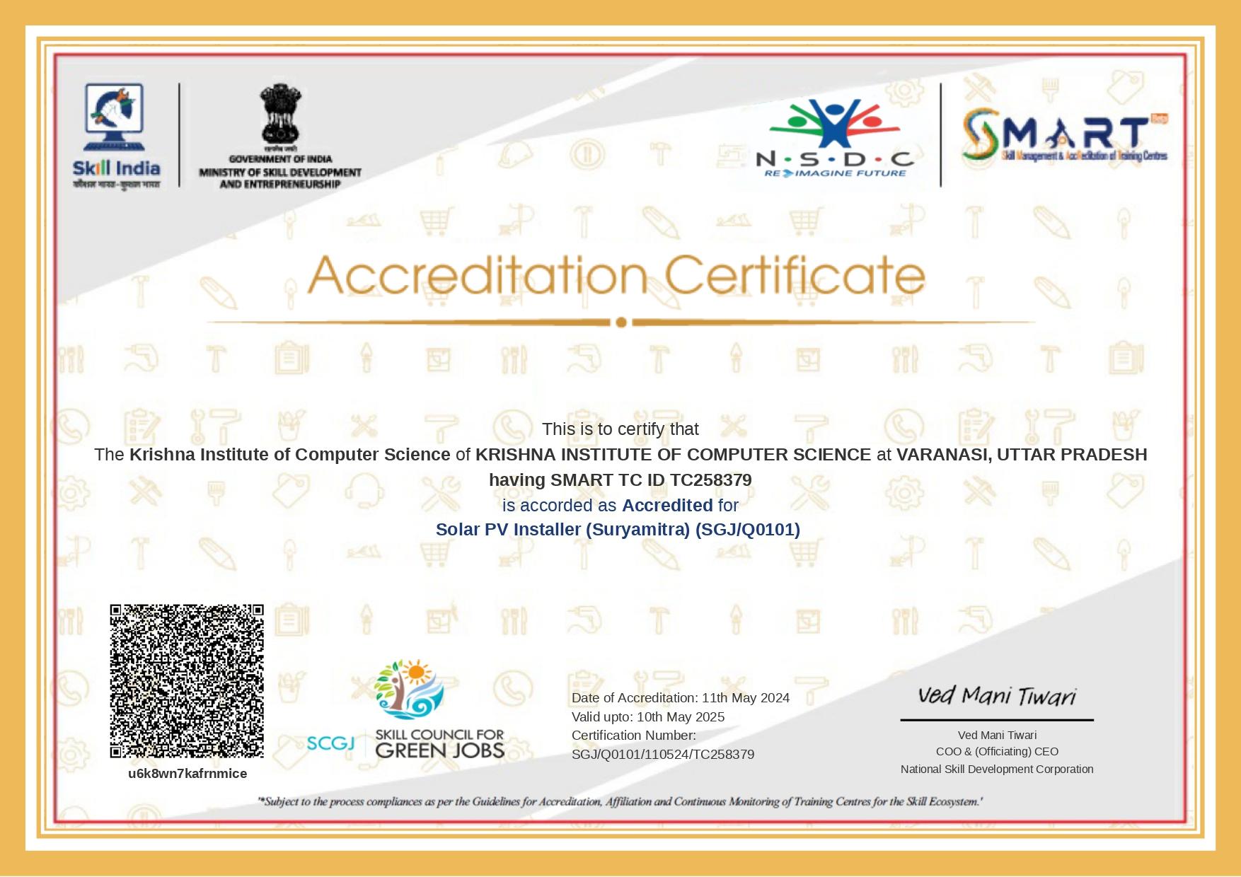 NSDC SMART accreditation certificate